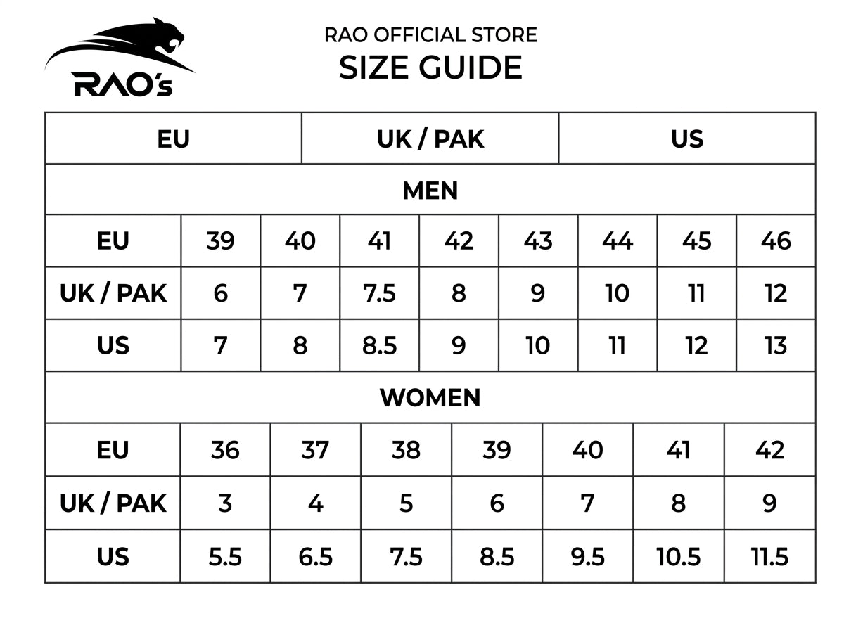 RAO Official Store size guide: EU, UK/PAK and US sizes for men and women